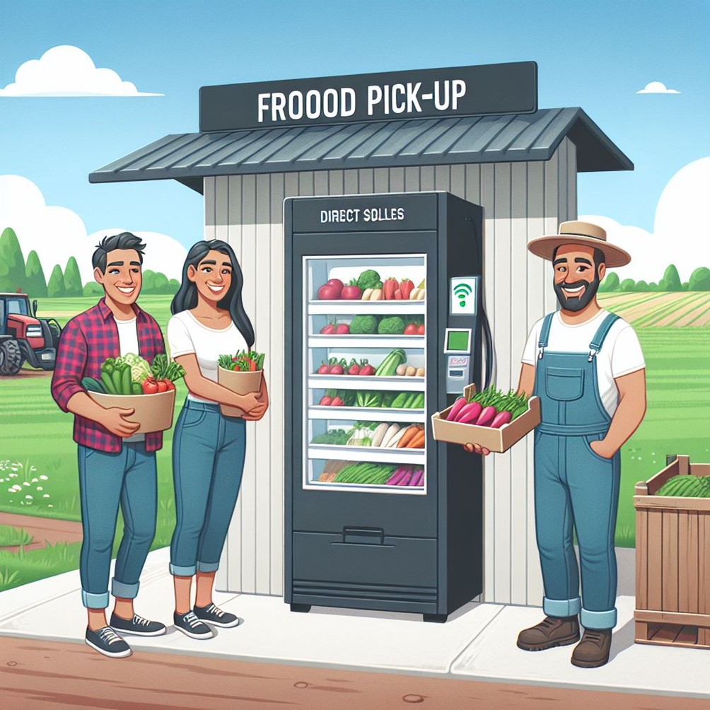 Farmari ja kaksi henkilöä noutoautomaatin edessä.